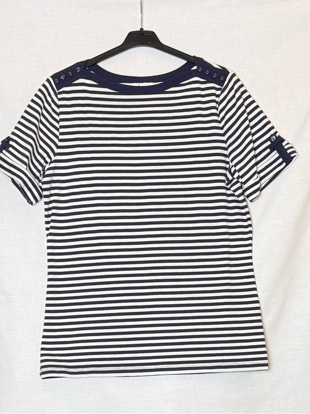 D&Co XS Women’s Navy & White Striped Short Sleeve Tee with Button Detail